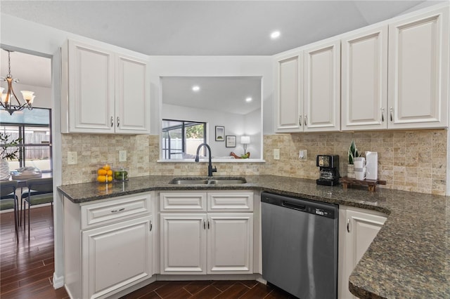 kitchen featuring white cabinetry, dishwasher, a sink, and dark wood finished floors