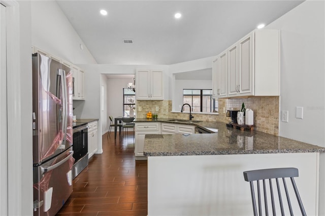kitchen with a sink, a peninsula, dark wood-style floors, stainless steel appliances, and decorative backsplash