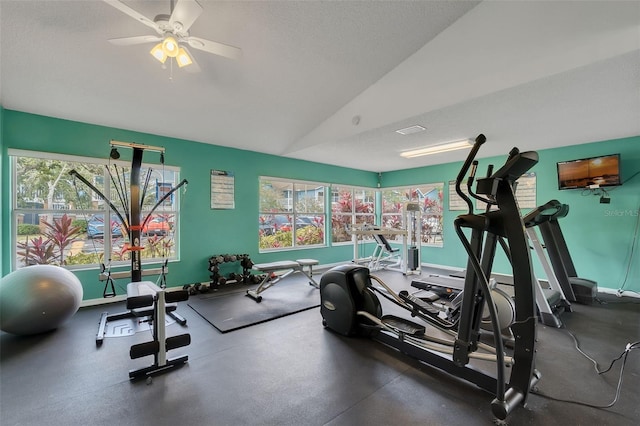 2745 N Poinciana Blvd Unit 65, Kissimmee, FL 34746 - gym with visible vents, ceiling fan, vaulted ceiling, and baseboards