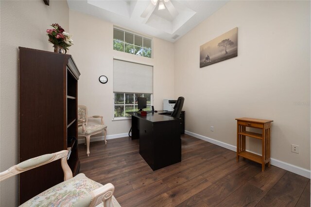 9509 Baycliff Ct, Orlando, FL 32836 - home office with dark wood-style floors, ceiling fan, baseboards, and coffered ceiling