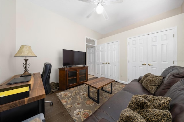 9509 Baycliff Ct, Orlando, FL 32836 - living area featuring an office area, a ceiling fan, wood finished floors, and baseboards