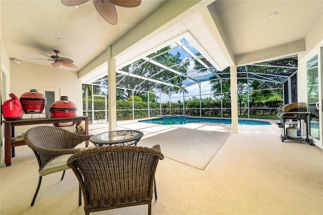 9509 Baycliff Ct, Orlando, FL 32836 - outdoor pool featuring a ceiling fan, a patio, and glass enclosure