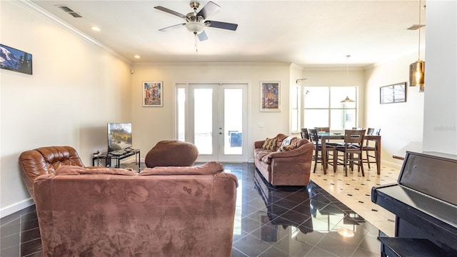 2734 Eagle Lake Dr, Orlando, FL 32837 - living room with granite finish floor, visible vents, baseboards, and ceiling fan