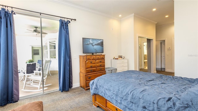 2734 Eagle Lake Dr, Orlando, FL 32837 - bedroom with light colored carpet, baseboards, ornamental molding, access to exterior, and recessed lighting