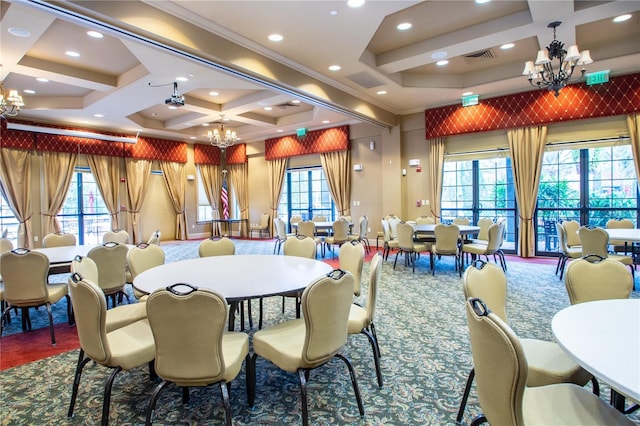 328 Vestrella Dr, Poinciana, FL 34759 - dining room with ornamental molding, coffered ceiling, a chandelier, recessed lighting, and a healthy amount of sunlight