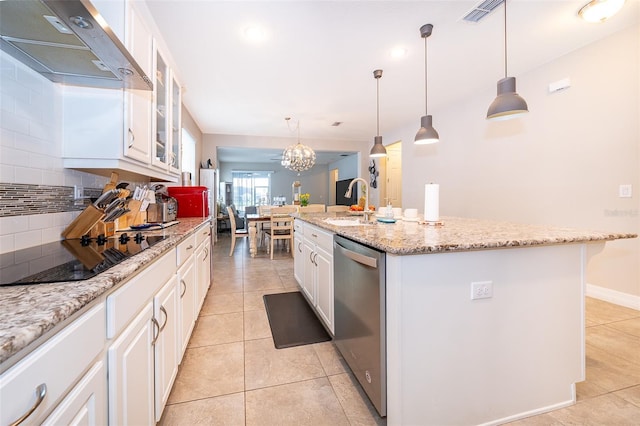 kitchen with black electric stovetop, light tile patterned floors, under cabinet range hood, visible vents, and stainless steel dishwasher
