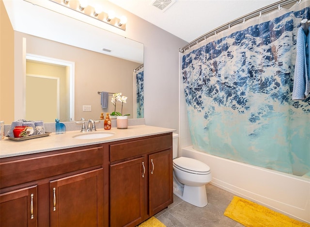 bathroom featuring vanity, tile patterned flooring, visible vents, toilet, and shower / tub combo with curtain