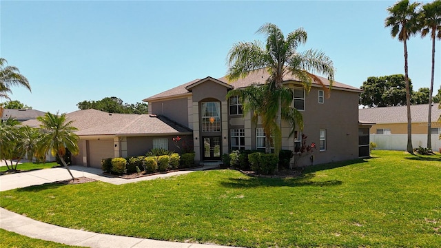 view of front of home with a front yard, a garage, concrete driveway, fence, and stucco siding
