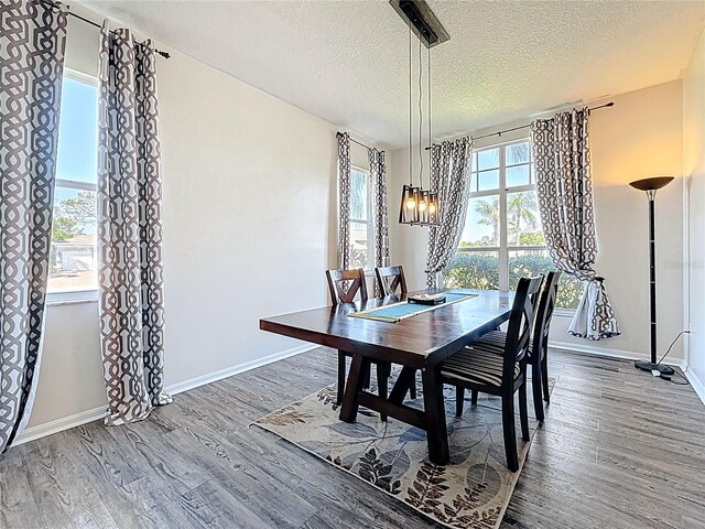 dining room featuring baseboards, a notable chandelier, wood finished floors, and a textured ceiling