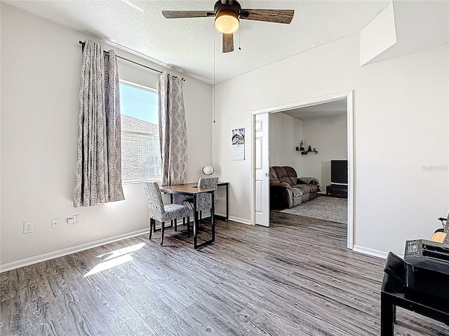 interior space with baseboards, a ceiling fan, wood finished floors, and a textured ceiling