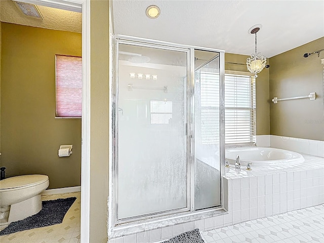 full bath with visible vents, toilet, a shower stall, tile patterned flooring, and a garden tub
