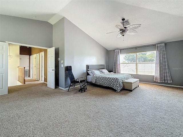 bedroom featuring baseboards, a ceiling fan, high vaulted ceiling, and carpet