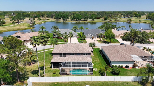aerial view with a residential view and a water view