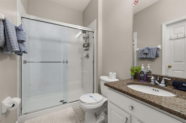 bathroom featuring toilet, vanity, a shower stall, and a textured wall