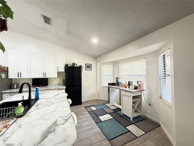 6922 Doehring Dr, Lakeland, FL 33810 - kitchen featuring visible vents, decorative backsplash, a textured ceiling, white cabinets, and vaulted ceiling