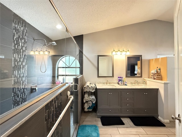 6922 Doehring Dr, Lakeland, FL 33810 - full bath with tiled shower, tile patterned floors, vaulted ceiling, and a sink