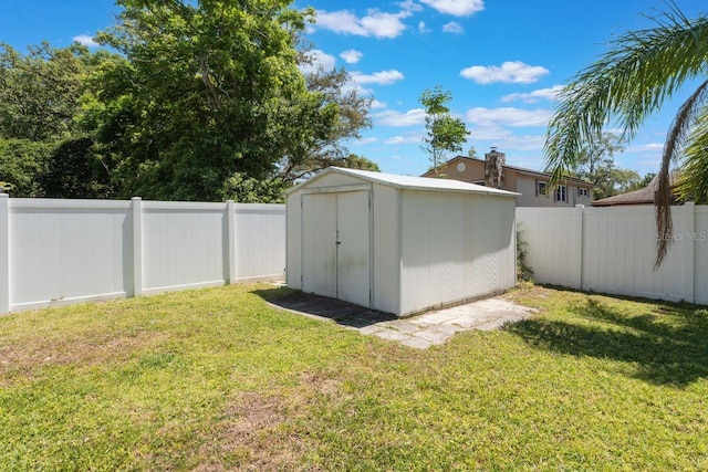 view of shed with a fenced backyard