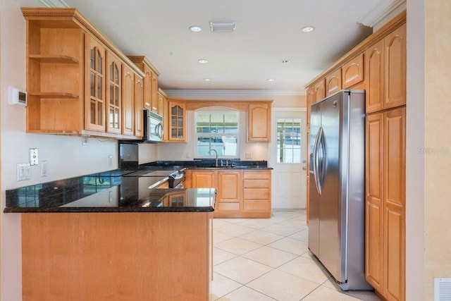 580 S Indigo Rd, Altamonte Springs, FL 32714 - kitchen with appliances with stainless steel finishes, a peninsula, glass insert cabinets, light tile patterned floors, and ornamental molding