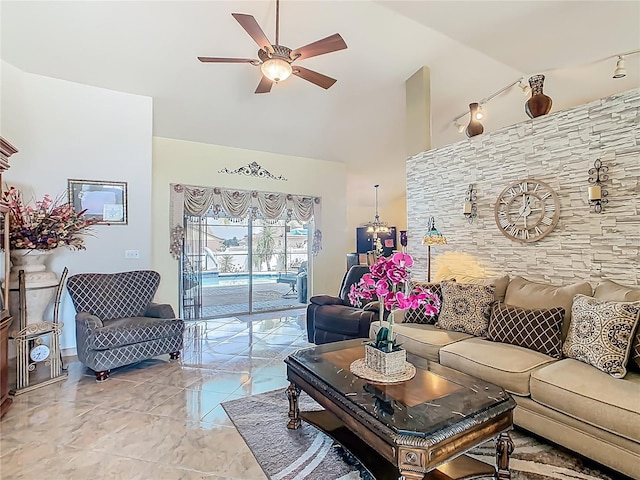 106 Meridian St, Davenport, FL 33837 - living room featuring marble finish floor, high vaulted ceiling, and ceiling fan
