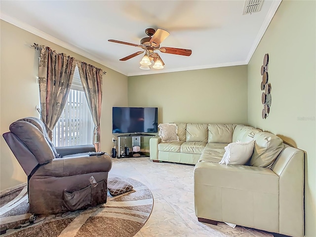 106 Meridian St, Davenport, FL 33837 - living area featuring visible vents, ceiling fan, and crown molding