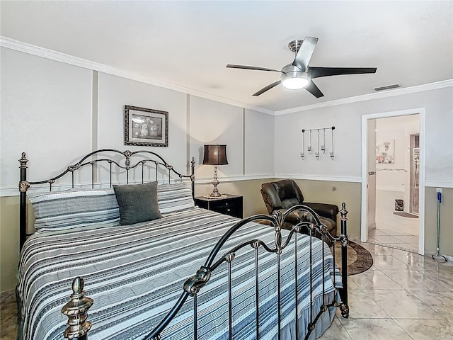 106 Meridian St, Davenport, FL 33837 - bedroom featuring crown molding, ceiling fan, marble finish floor, ensuite bath, and visible vents