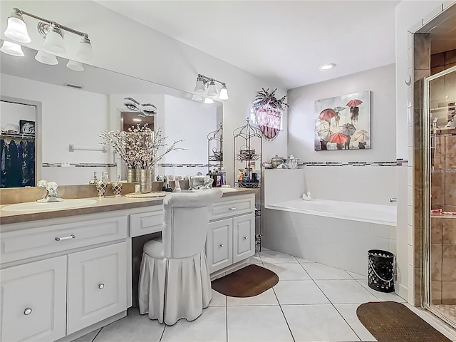 106 Meridian St, Davenport, FL 33837 - bathroom featuring a bath, a spacious closet, tile patterned flooring, a shower stall, and vanity