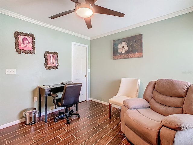 106 Meridian St, Davenport, FL 33837 - office area featuring baseboards, wood finish floors, ceiling fan, and crown molding
