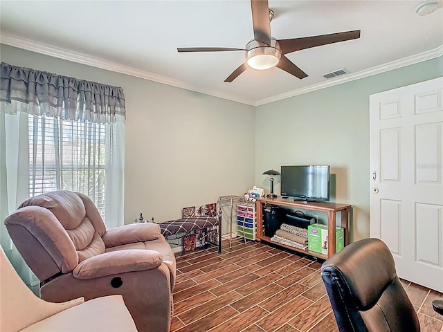 106 Meridian St, Davenport, FL 33837 - living room featuring ceiling fan, wood finish floors, ornamental molding, and visible vents