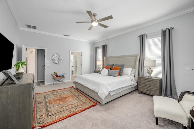 7957 Hanson Bay Pl, Kissimmee, FL 34747 - bedroom featuring visible vents, ceiling fan, crown molding, and carpet flooring