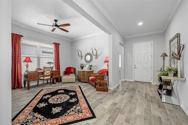 7957 Hanson Bay Pl, Kissimmee, FL 34747 - entrance foyer with light wood-type flooring, a ceiling fan, ornamental molding, and baseboards