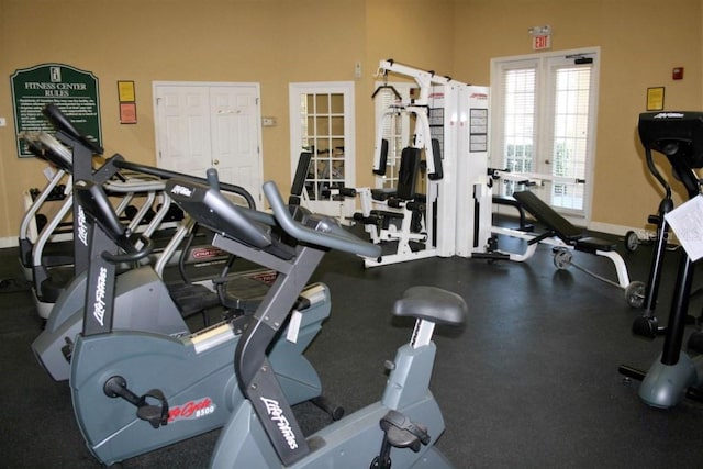 gym with french doors
