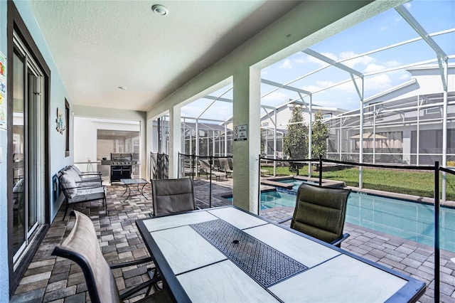 sunroom with a pool, outdoor dining space, and a hot tub