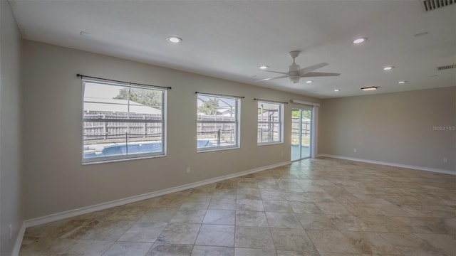 unfurnished room with visible vents, baseboards, ceiling fan, recessed lighting, and light tile patterned flooring