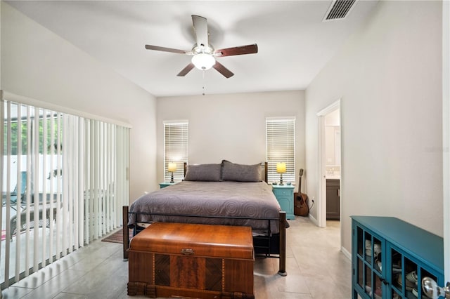 bedroom featuring ceiling fan, access to exterior, visible vents, baseboards, and light tile patterned flooring