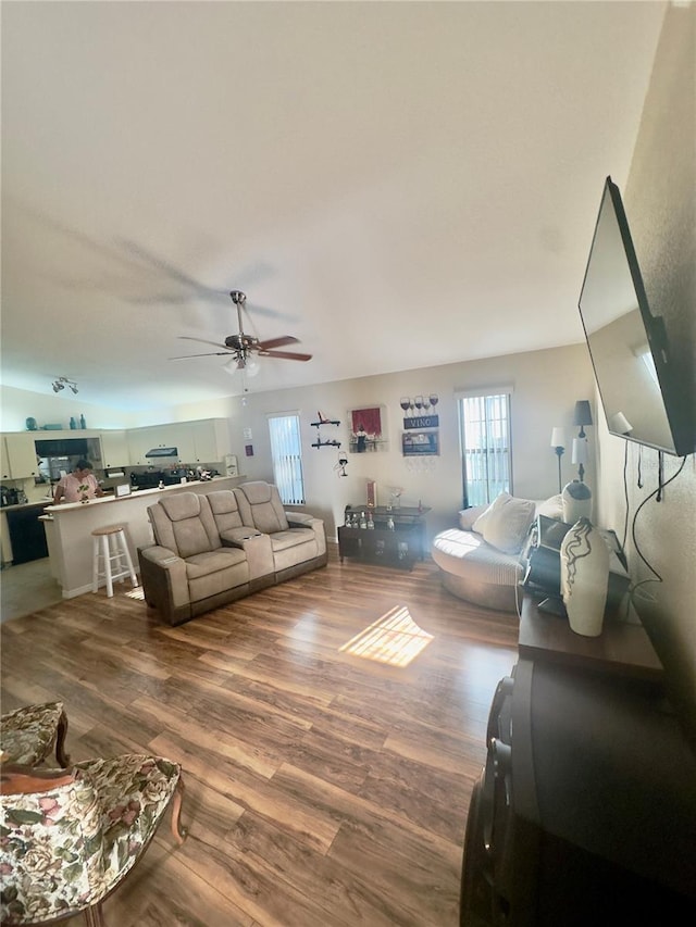living room featuring ceiling fan and wood finished floors