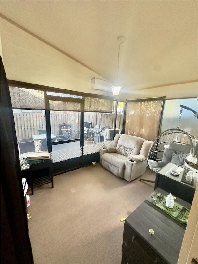 sunroom featuring carpet flooring and an AC wall unit