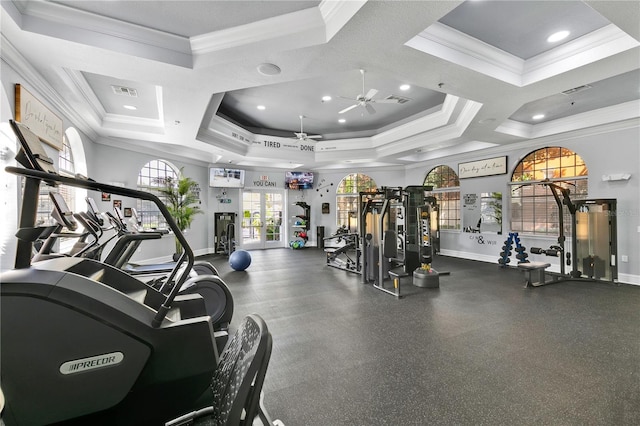 6141 Metrowest Blvd Unit 303, Orlando, FL 32835 - exercise room featuring a ceiling fan, a raised ceiling, ornamental molding, and recessed lighting