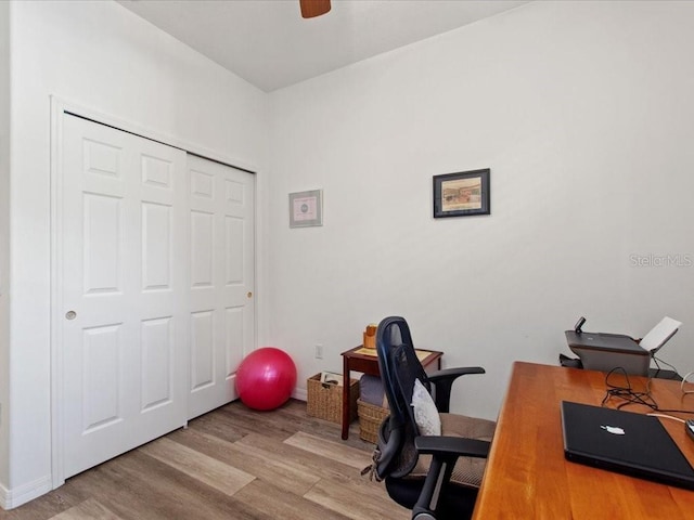 2724 Palm Tree Dr, Poinciana, FL 34759 - office featuring wood finished floors and ceiling fan