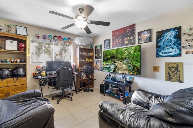 tiled office featuring a ceiling fan