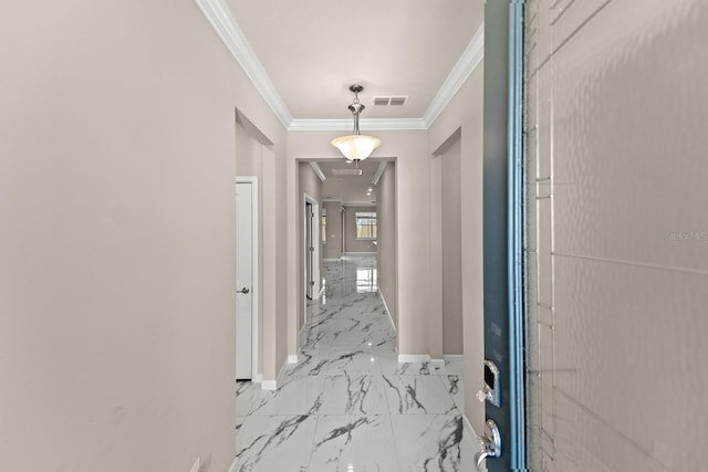 2019 Spring Shower Cir, Kissimmee, FL 34744 - corridor featuring marble finish floor, baseboards, ornamental molding, and visible vents
