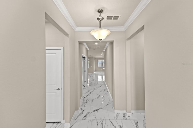2019 Spring Shower Cir, Kissimmee, FL 34744 - hall with crown molding, visible vents, marble finish floor, and baseboards