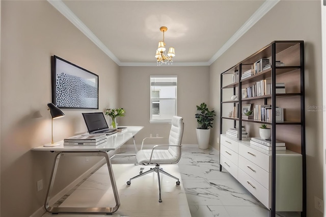 2019 Spring Shower Cir, Kissimmee, FL 34744 - office with marble finish floor, baseboards, ornamental molding, and an inviting chandelier