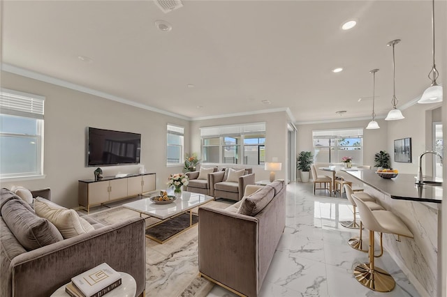 2019 Spring Shower Cir, Kissimmee, FL 34744 - living area featuring recessed lighting, crown molding, and marble finish floor