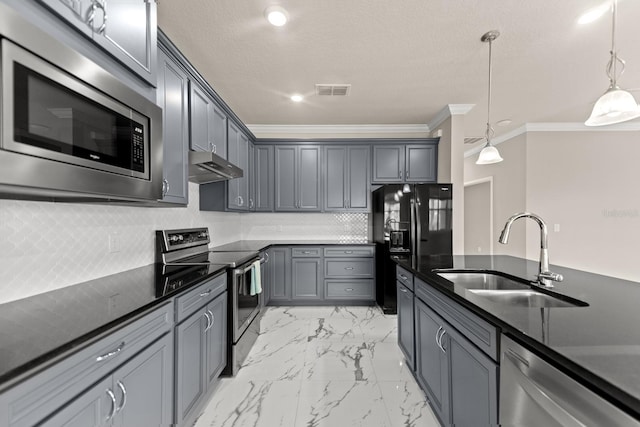 2019 Spring Shower Cir, Kissimmee, FL 34744 - kitchen with crown molding, a sink, marble finish floor, stainless steel appliances, and under cabinet range hood