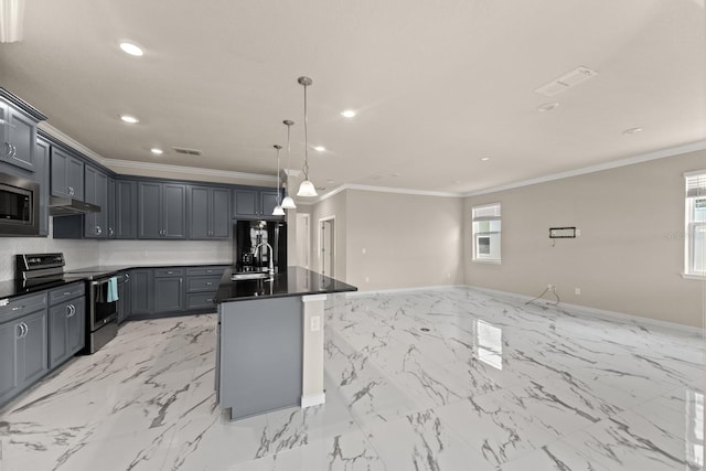 2019 Spring Shower Cir, Kissimmee, FL 34744 - kitchen with stainless steel appliances, dark countertops, recessed lighting, marble finish floor, and ornamental molding