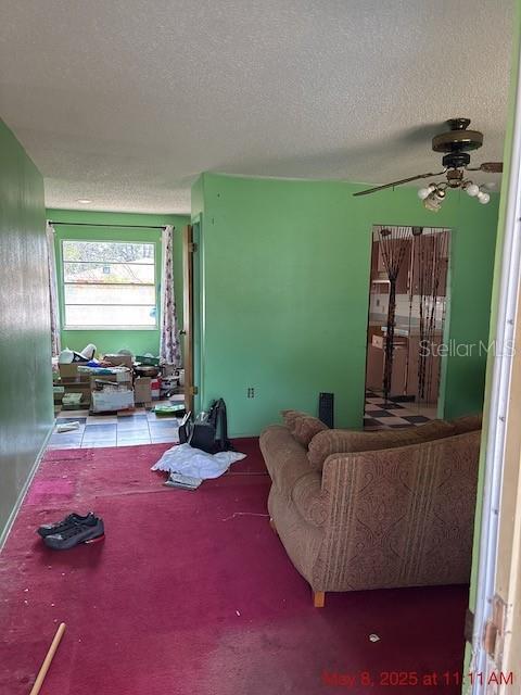 2117 Lemon St, Haines City, FL 33844 - living room with a textured ceiling, ceiling fan, and carpet