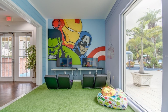 rec room with carpet, baseboards, french doors, and a healthy amount of sunlight