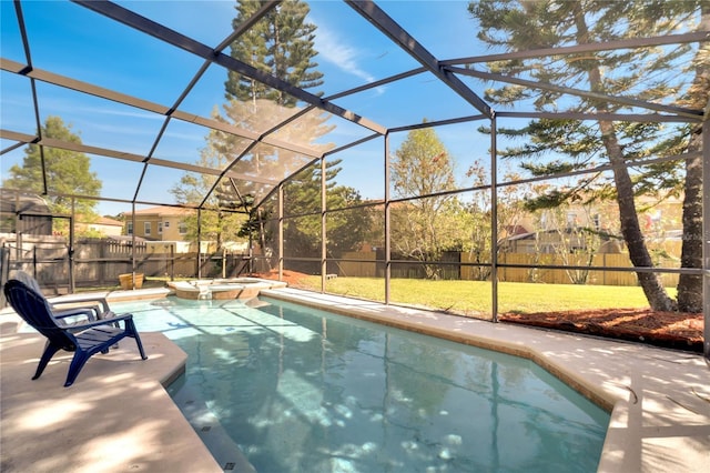 997 Lake Berkley Dr, Kissimmee, FL 34746 - view of pool featuring glass enclosure, a fenced backyard, a patio area, a lawn, and a pool with connected hot tub