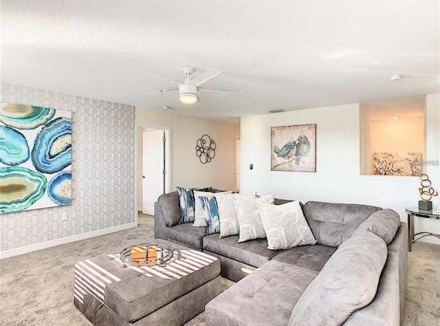 345 Ocean Course Ave, Davenport, FL 33896 - carpeted living room featuring wallpapered walls, a ceiling fan, and baseboards