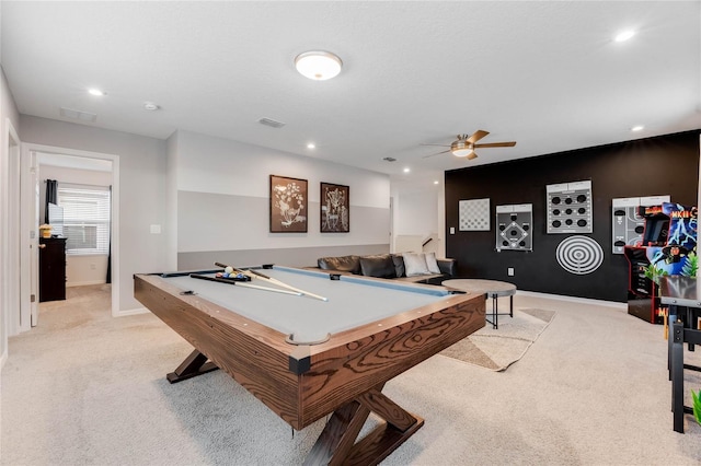 recreation room with light carpet, visible vents, recessed lighting, and ceiling fan